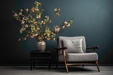 Experience tranquility in the presence of a dark color single sofa chair, accompanied by a delightful little plant, against a serene solid wall with a blank empty frame.