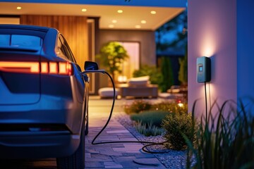 Electric car is being charged at night time from a wallbox, modern cottage