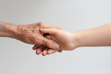 Hands of senior man and baby on white background