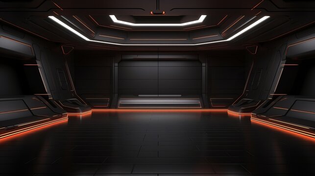 A room that is empty, dark, and has a 3d illustration of a modern futuristic sci-fi background.