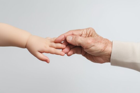 Hands of senior man and baby on white background