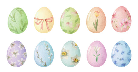Watercolor vector set of colorful Easter eggs. Elements for creative design, card, stickers, holiday invitations, package. Hand painted drawing.