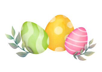 card with plants, branches, eggs. happy Easter greeting card. bright cute Clipart, Paschal illustration on transparent background in watercolor hand drawn style