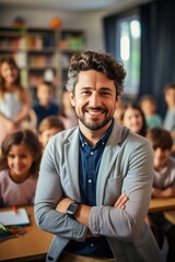 Obraz premium Happy teacher with a group of students in the classroom