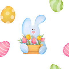 Cute Easter bunny with basket of flowers, Easter colored eggs. children s watercolor seamless pattern on transparent background. Happy Easter Greeting card with spring flowers, funny bunny