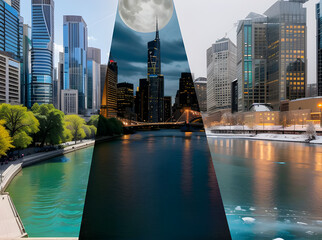 A city which is split into three different time periods, first one is a sunny day, next is nighttime, the last is snowing. the nighttime represents the moon light illuminating the city like the sun.
