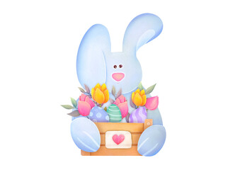 Cute Easter bunny with basket of flowers, Easter colored eggs. children s watercolor illustration on transparent background. Happy Easter Greeting card with spring flowers, funny bunny