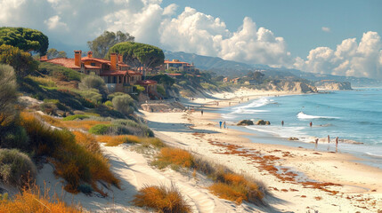 A dynamic image of a psychology retreat in a coastal retreat center, where participants engage in therapeutic activities on a sandy beach, combining the calming effects of nature w