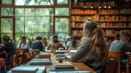 An introspective moment captured during a psychology retreat in a cozy library, where participants engage in reflective reading and group discussions, surrounded by books and a con