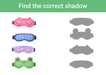 Find correct shadow of masks. Educational game to Find 2 same objects. Choose correct answer. Printable worksheet, learning study page nursery childish activity for children s books and magazines