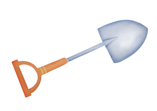 watercolor shovel, blue blade, orange handle clip art preview