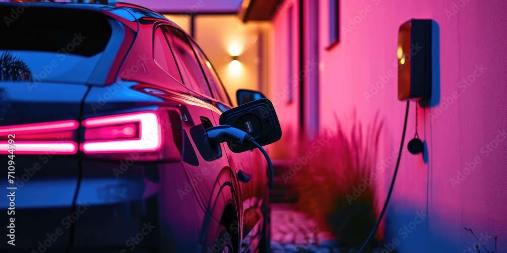 Sticker electric car is being charged at night time from a wallbox, modern cottage