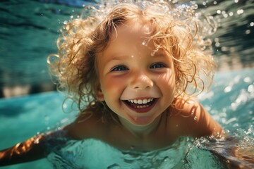 Fototapeta na wymiar Ecstatic curly-haired child swimming underwater