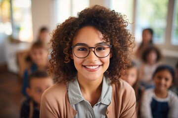 Portrait of a smiling young female teacher with curly hair wearing glasses in a classroom with children in the background