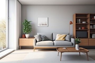 A stylish living room with a gray couch and wooden furniture