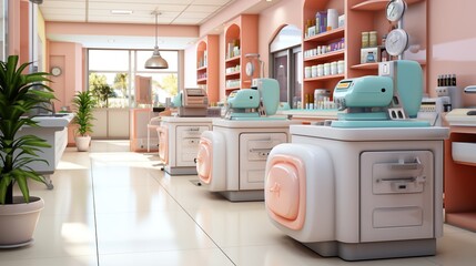Pastel colored pharmacy interior with no people - obrazy, fototapety, plakaty