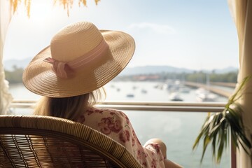 Stylish woman relaxing at beach, palm trees and sea backdrop - ultimate summer getaway