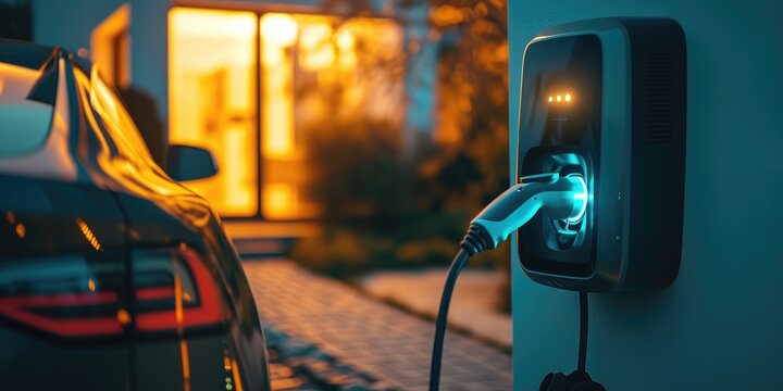Electric car is being charged at night time from a wallbox, modern cottage