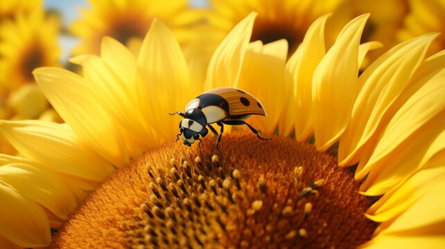 A macro shot of a ladybug navigating through the petals of a sunflower -Generative Ai