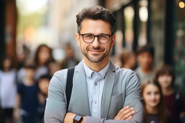 Obraz premium Confident businessman with arms crossed in front of blurred crowd