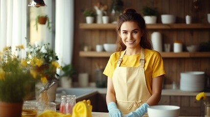 Fototapeta premium Portrait of a young woman wearing an apron and gloves in a kitchen
