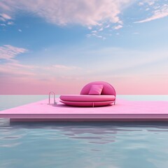 Obraz na płótnie Canvas pink platform floating on water with pink lounge chair