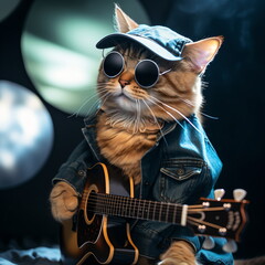 Cool cat wearing sunglasses and denim jacket playing guitar - obrazy, fototapety, plakaty