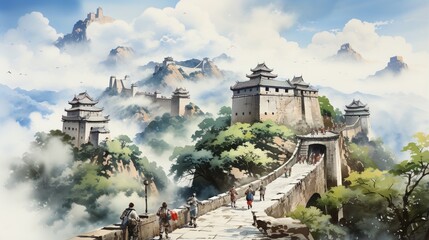 Great Wall of China with watchtowers and people walking - obrazy, fototapety, plakaty