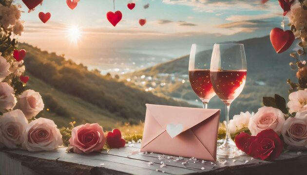 valentine greeting card. envelope and two glasses of wine on the background of mountains. love and romantic