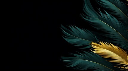 The background is black with feathers in green and gold