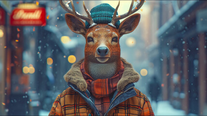 Graceful deer roams city streets in refined attire, embodying street style with elegance. The realistic urban backdrop frames this majestic creature, seamlessly merging natural beauty with contemporar - obrazy, fototapety, plakaty