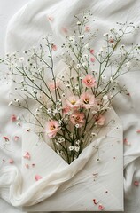 Pink blooms and white blossoms dance on a draped white fabric