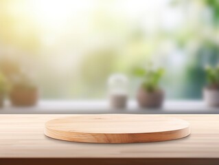 Fototapeta na wymiar Empty beautiful round wood tabletop counter on interior in clean and bright kitchen background, Ready for display, Banner, for product montage 