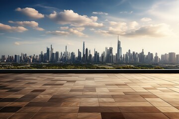 Empty square floor and city skyline with building background
