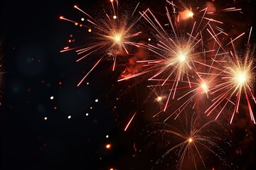Fototapeta premium Fireworks. Colorful celebration fireworks isolated on a black sky background. From below, shot of wonderful and vivid fireworks exploding. Burst. Firework. Overlay. 