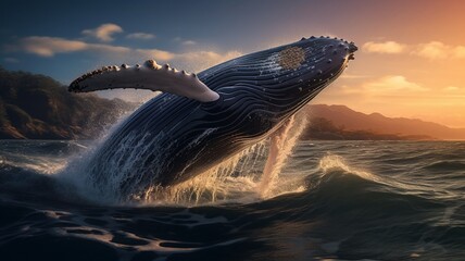 A majestic humpback whale breaching the ocean's surface, surrounded by misty ocean spray -Generative Ai