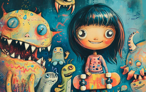 
Illustration: Cheerful girl with a skateboard, monsters, and a collection of cute extraterrestrial wallpapers in the background.