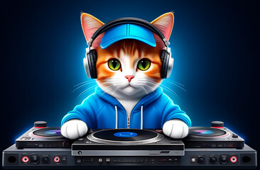 Red cartoon cat with green eyes in headphones at the DJ console, beautiful blue background, party music concept