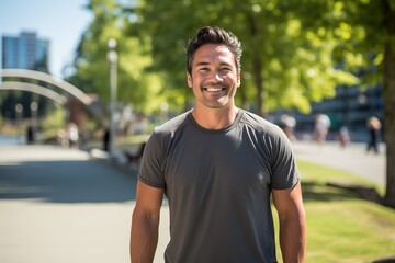 Happy man standing on road in front of trees