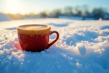 cozy cup of hot coffee resting on snowy ground, Generative AI