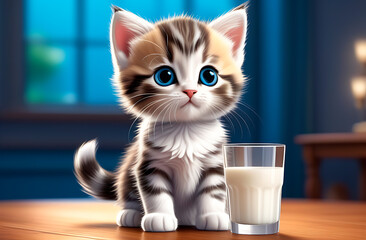Adorable little cartoon kitten with blue eyes sitting on a table with glass of milk