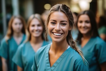 Happy multiethnic group of female nurses in blue scrubs - obrazy, fototapety, plakaty