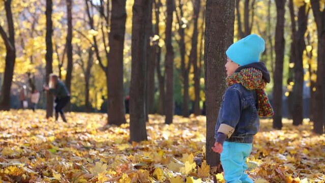 Two children stands near tree and girl runs away in autumn