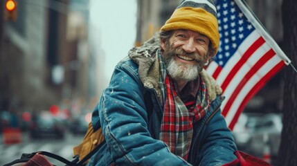 Fototapeta premium American homeless man of European appearance against the background of the American flag. conceptual elections, crisis, poverty, voting, future