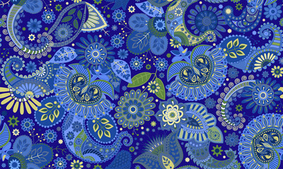 Bright seamless paisley pattern. Indonesian batik. Blue wallpaper with paisley and stylized flowers. Stylized flowers pattern. Design for fabric, textile, cover, invitation, poster, wrapping paper - 710949368