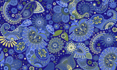 Bright seamless paisley pattern. Indonesian batik. Blue wallpaper with paisley and stylized flowers. Stylized flowers pattern. Design for fabric, textile, cover, invitation, poster, wrapping paper - 710949373