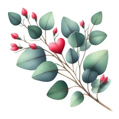 watercolor paint branch with eucalyptus leaves and red hearts isolated on white background