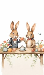 Illustration of two cute bunnies enjoying a tea party with oranges and cakes. Concept: animals for children's books and spring themes
