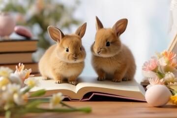 Obraz premium Two rabbits next to Easter eggs Concept: for veterinary clinics and congratulations.