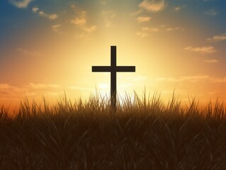 Easter Christian cross on a field against the backdrop of sunset. concept Easter, religion, Christ, faith, holiday straight view - Powered by Adobe
